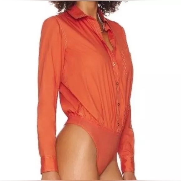 Free People Power Move Long Sleeve Button-Up Bodysuit in Tiger Red - Picture 5 of 9